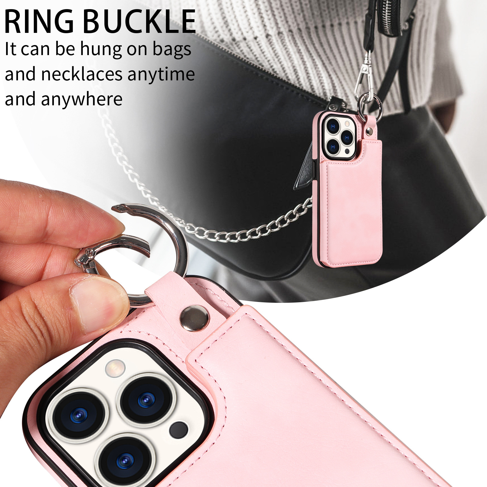 Luxury Litchi Mönster Läder mode hängande ring, korthållarfunktion Lämplig för iPhone 15Pro iPhone 14 Full täckningsskydd