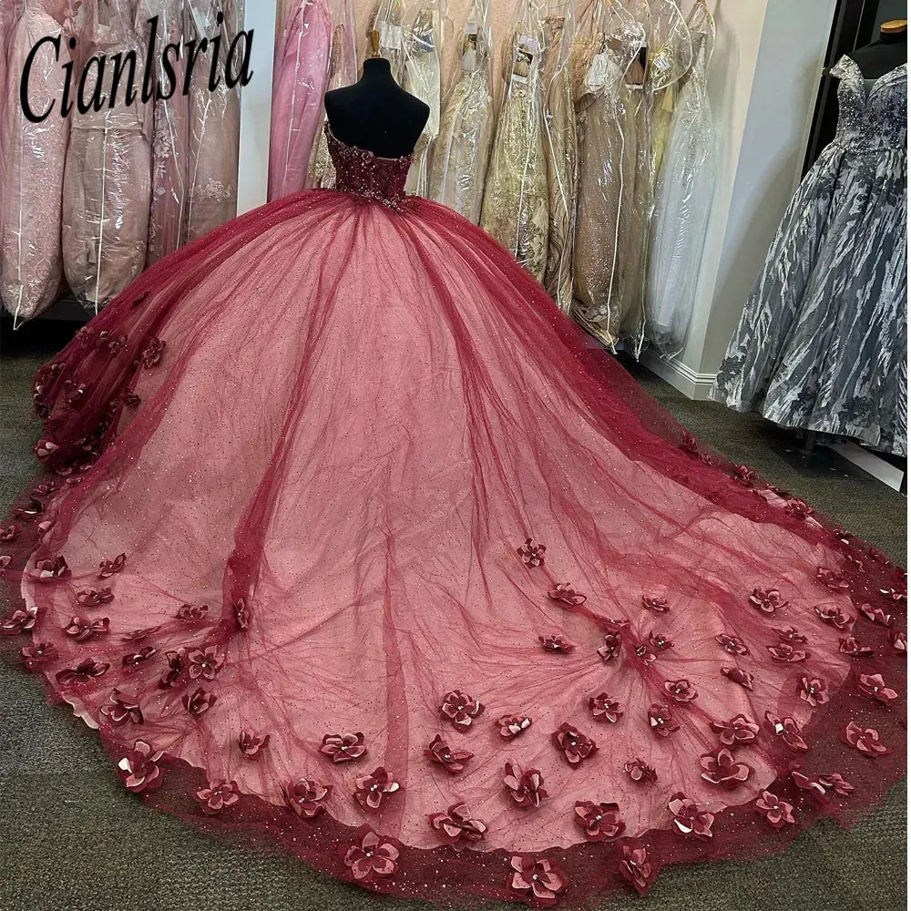 Borgogna Quinceanera Abiti Appliques Long Train Flower Sweet 15 16 anni Birthday Party Dress Dress Miss Gala Miss Gala