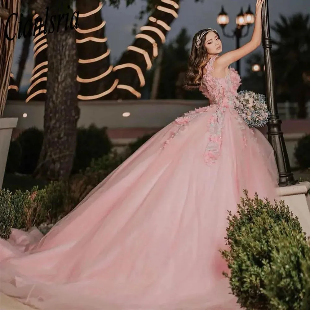 الزهور الزهرية الوردي ثوب الكرة الدانتيل فساتين Quinceanera قبالة الكتف 3D الزهور زهور الديكور