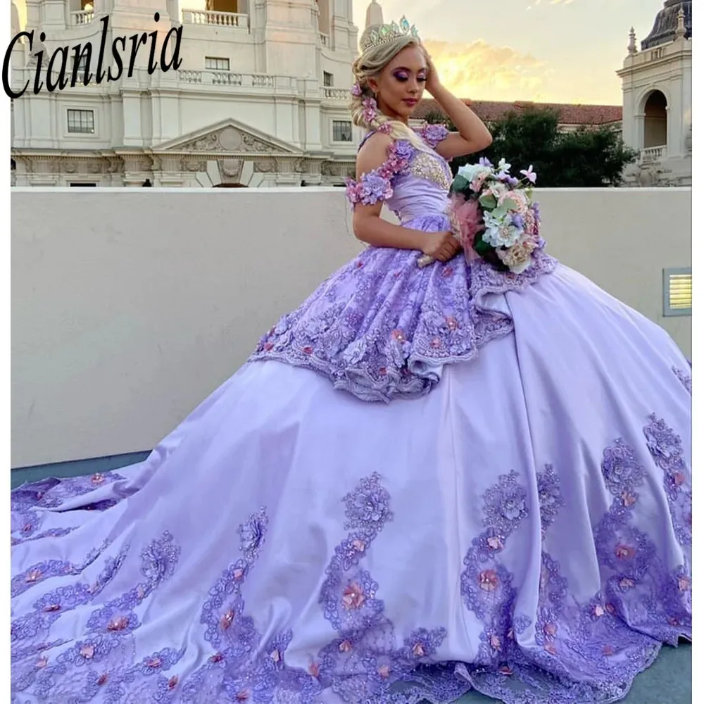 Сирень принцесса Quinceanera платья принцесса 3D цветы Ball Gown Plate Gutd Plate Tul-Up Sweet 16 платья vestidos de 15