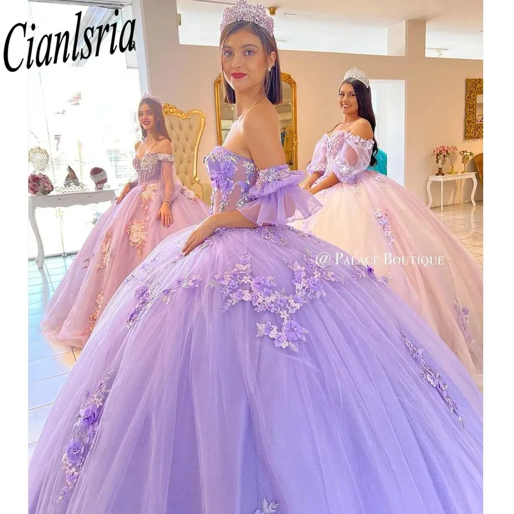 LILAC QUINCEANERA Robes Robe de bal pour filles douces 3D Fleurs vestidos de xv anos perles Robe de fête d'anniversaire