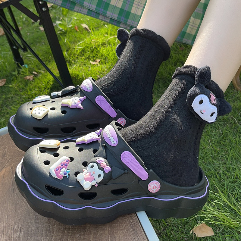 2024 Kuromi Cave Shoes Women's Summer Cartoon Accessories Authentic IP Co branded External Wearing Thick Sole EVA Anti slip Two Wear Slippers