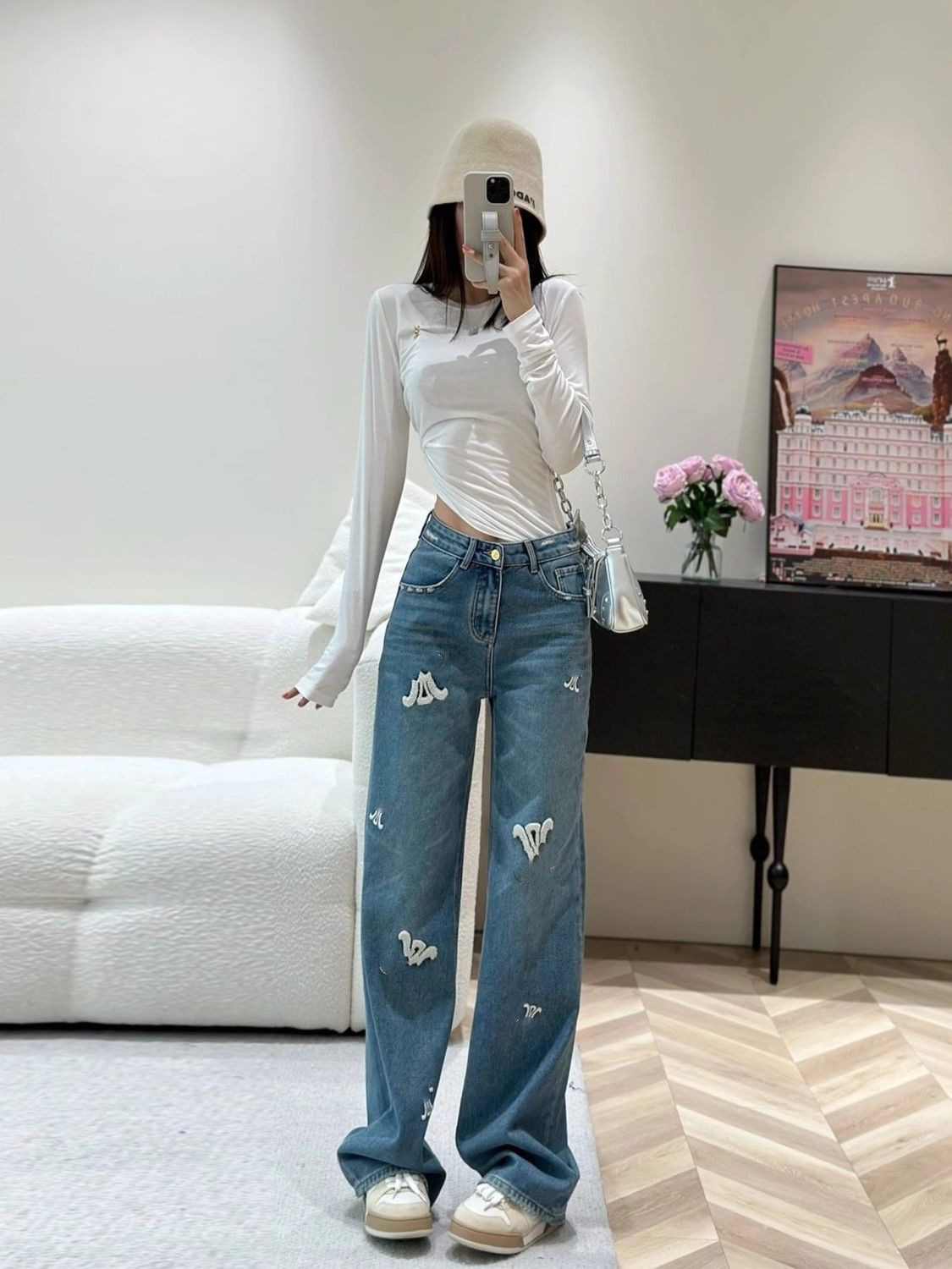 Nouveau design Femme à haute taille Logo Logo Broderie Ligne large Jean en denim en denim pantalon long smlxlxxl