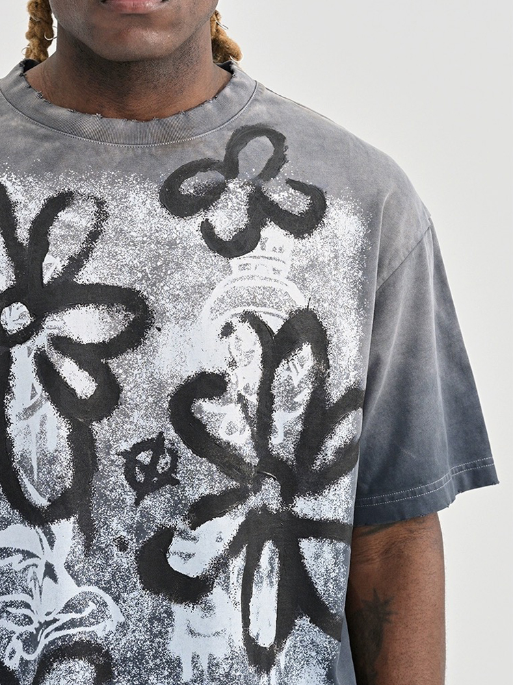 2024 Wash Black Tee Men Women High Quality T-shirt Flower Print Tops Loose Short Sleeve T Shirts