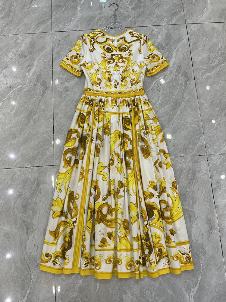 Fashion Yellow Pocelain Printing Dress Spring Summer Women 100% Cotton Vintage Vestidos Hight Street