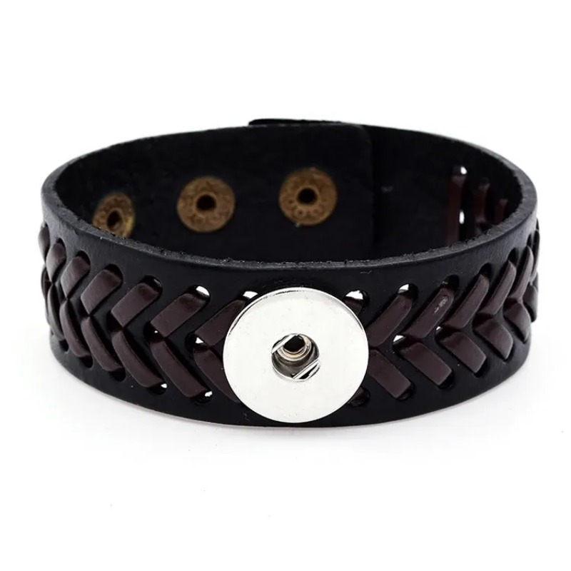 Gevlochten zwart bruin lederen snap knop armband passen 18 mm snaps sieraden