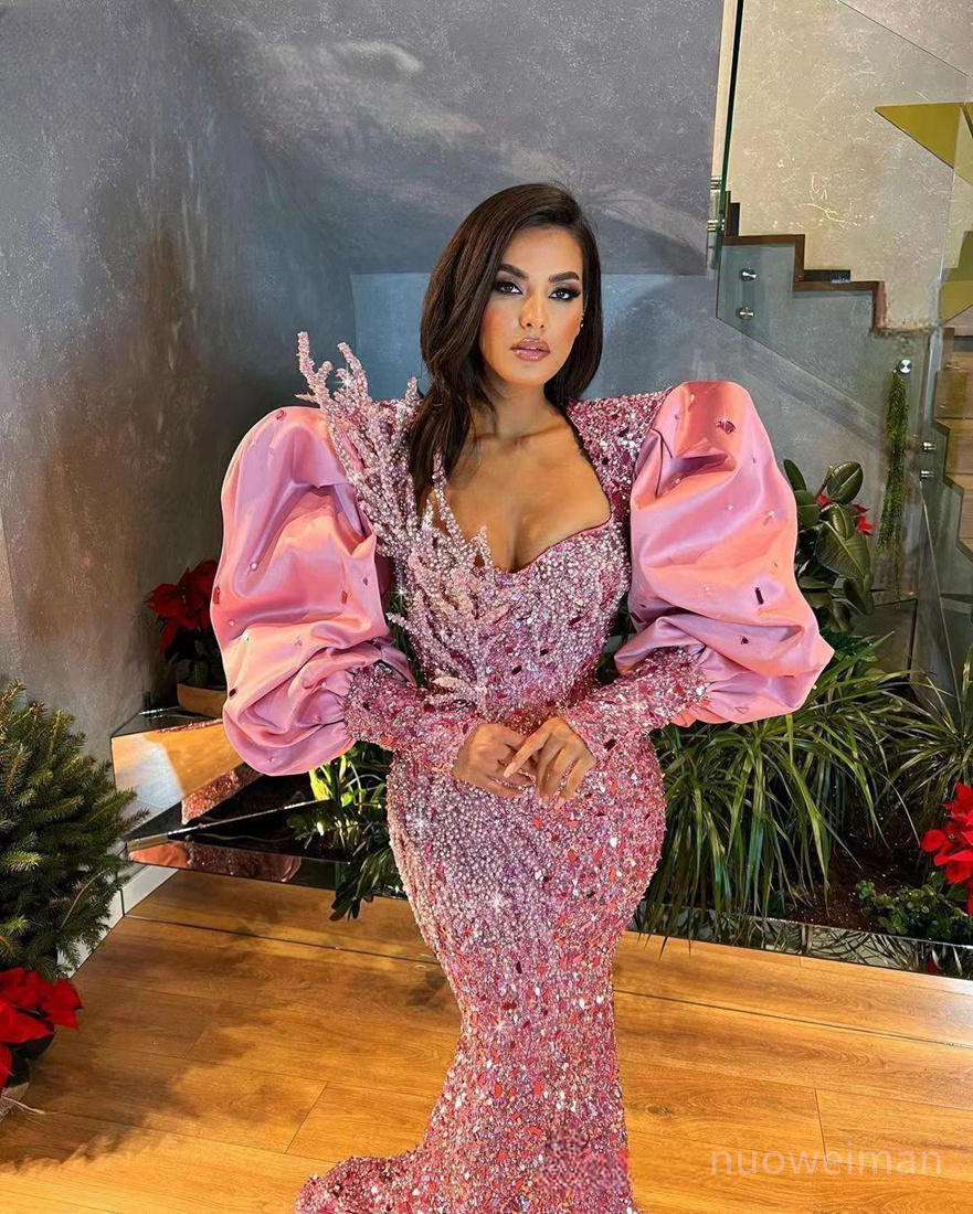 2024 Plus Size Pink Prom Dresses for Black Women Illusion Mermaid Evening Formal Gowns Long Sleeves Mirror Sequins Lace Birthday Dress Second Reception Gown NL683