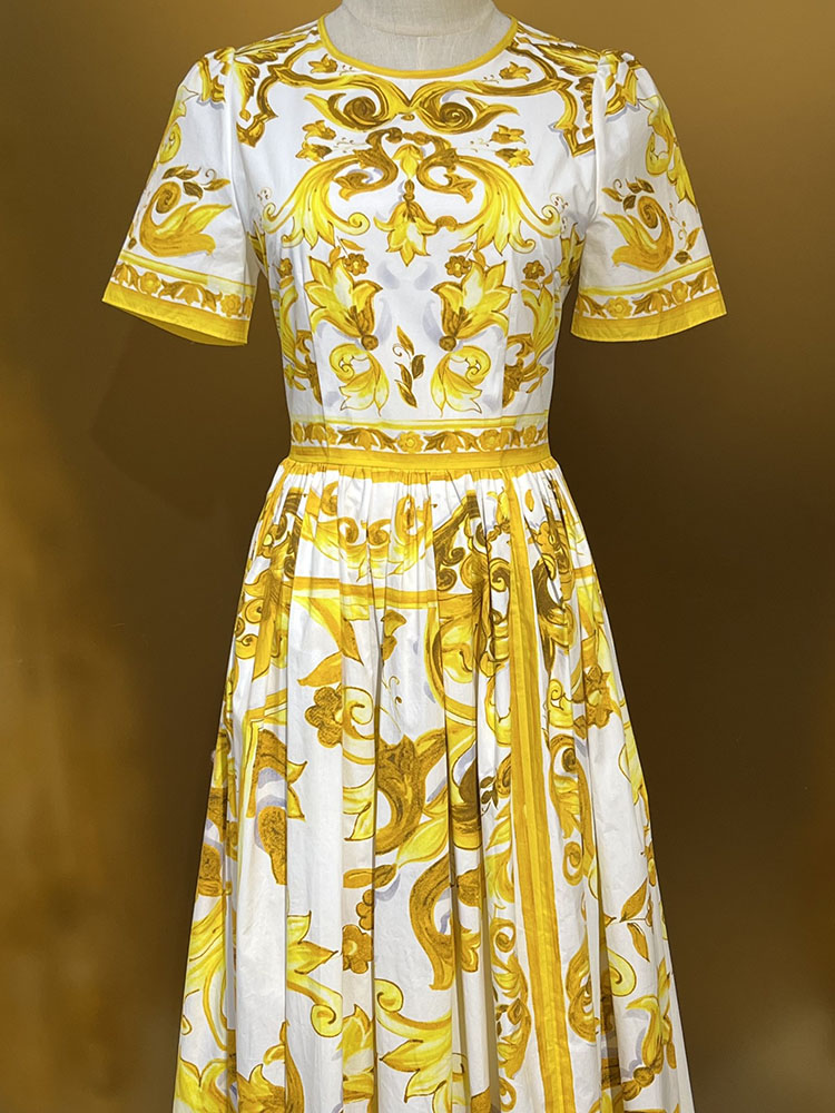 Fashion Yellow Pocelain Printing Dress Spring Summer Women 100% Cotton Vintage Vestidos Hight Street