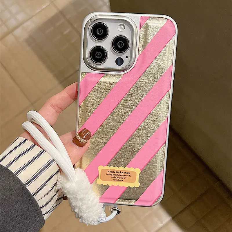 Mobiele telefoons Korea stijl roze streep telefoonhoes zachte siliconen faux lederen fineer luxe iPhone -hoesje voor iPhone15 14 13 12 11 Pro Max plus J240418