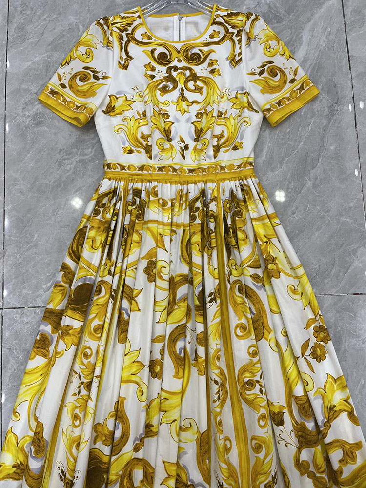 Mode Geel Pocelain Printing Dress Spring Summer Women 100% Cotton Vintage Vestidos Hight Street
