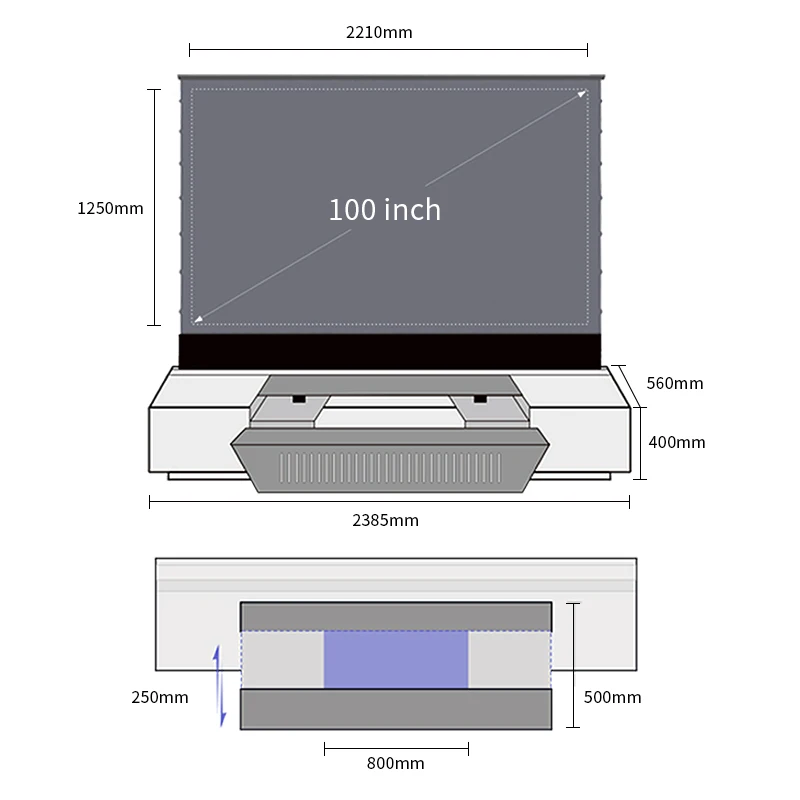 2022 Nieuwe 4K/8K UST Laser Projector 100 inch ALR gemotoriseerde vloer stijgende projectiescherm geïntegreerde kast voor thuisbioscoop