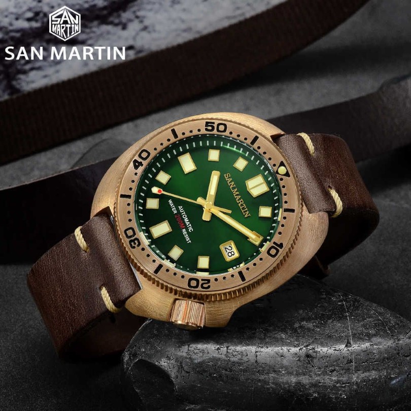 San Martin Abalone Bronze Diver Watches Men Mechanical Watch Luminous Water Resistant 200m Leather Strap Stylish Relojes 210728207i