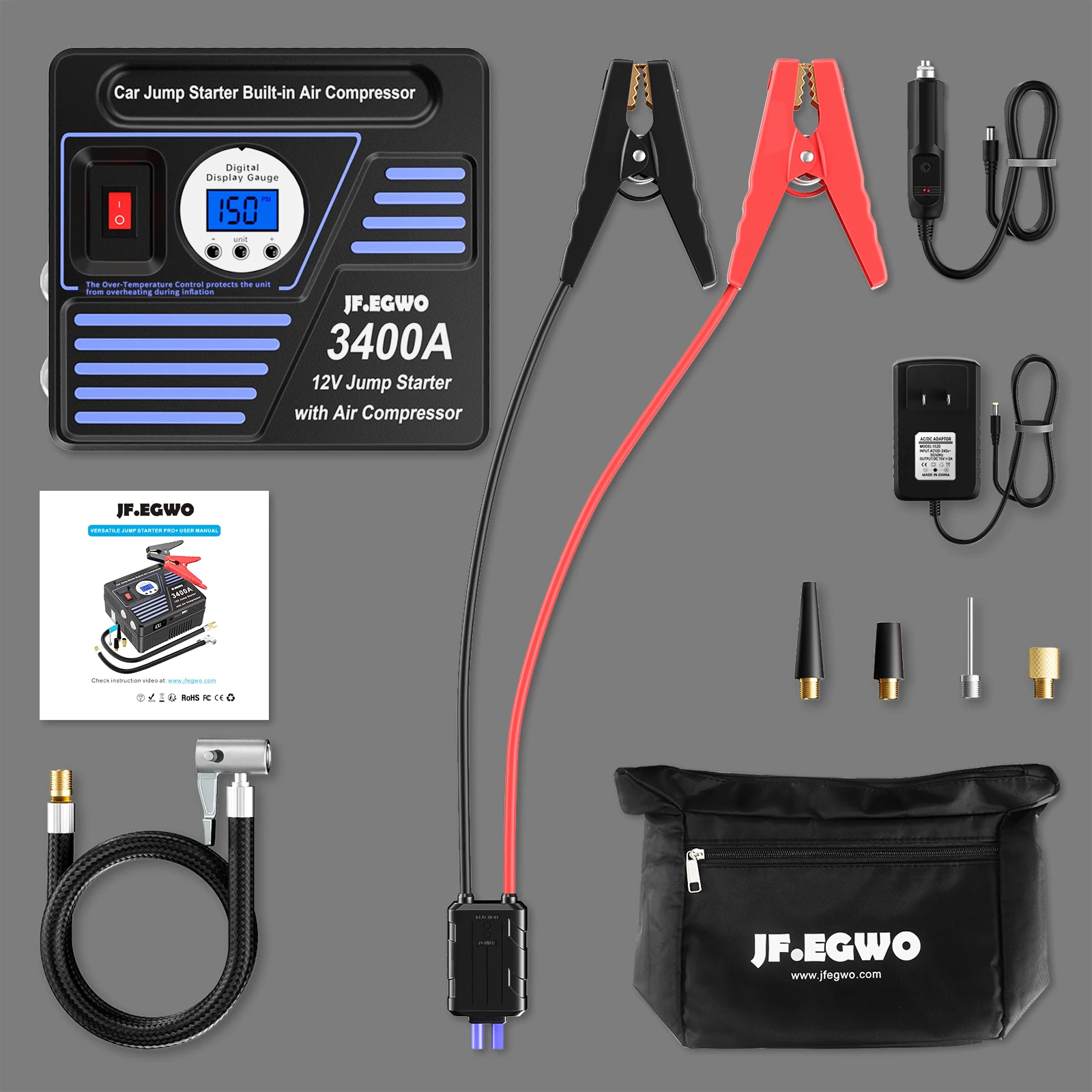 JF.EGWO 24000mAh Car Jump Starter With Air Compressor 150PSI Tire Inflator 3400A Auto Engine Battery Charger Booster Power Bank