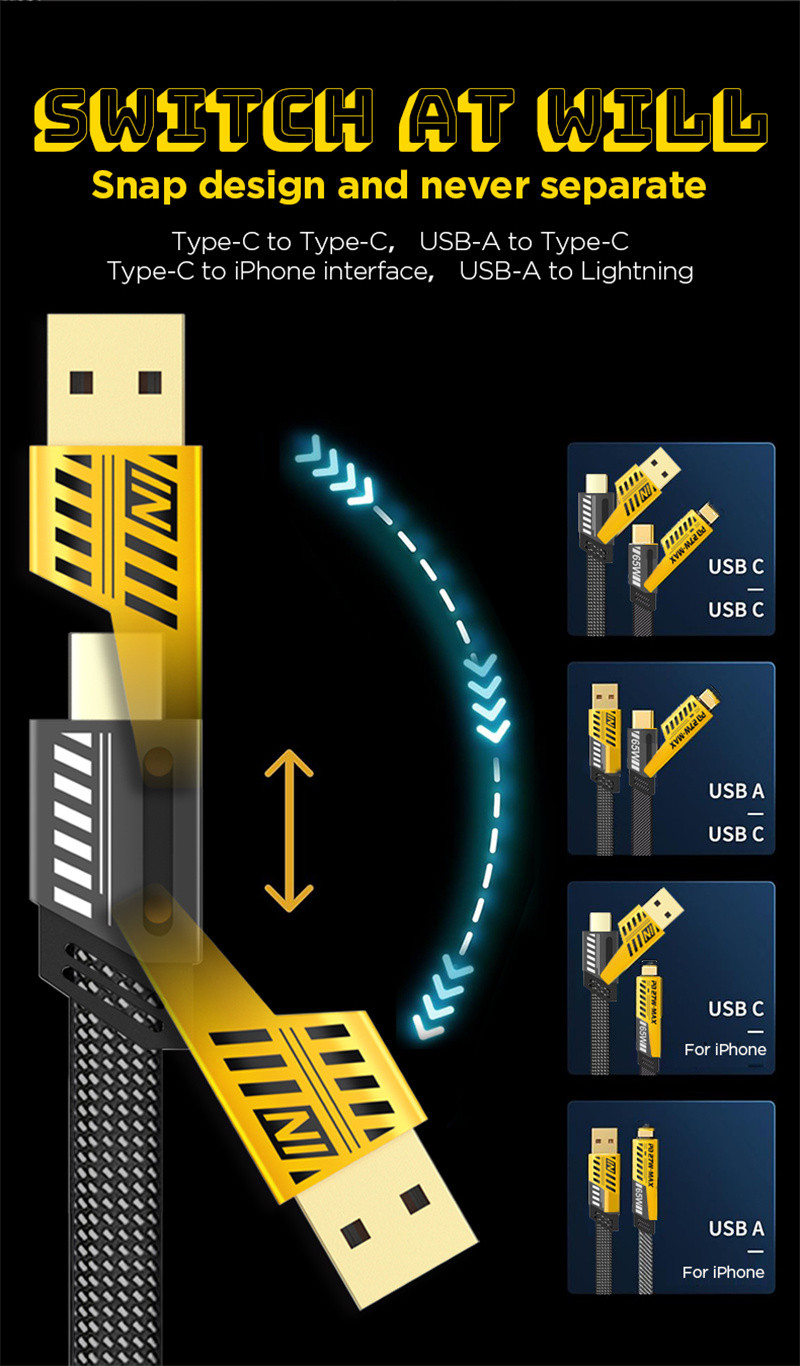 4 w 1 65W szybkie sznur kablowy dla IP Android USB Typ Cable Cable Ładowarka Multi port wielokrotne USB Ładowarka do telefonu komórkowa z pudełkiem