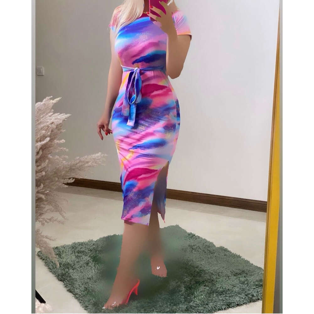 Womens Party Dress Designer New Fashion Print Split Waistband Round Neck Wrapped Hip Slim Fit Dress