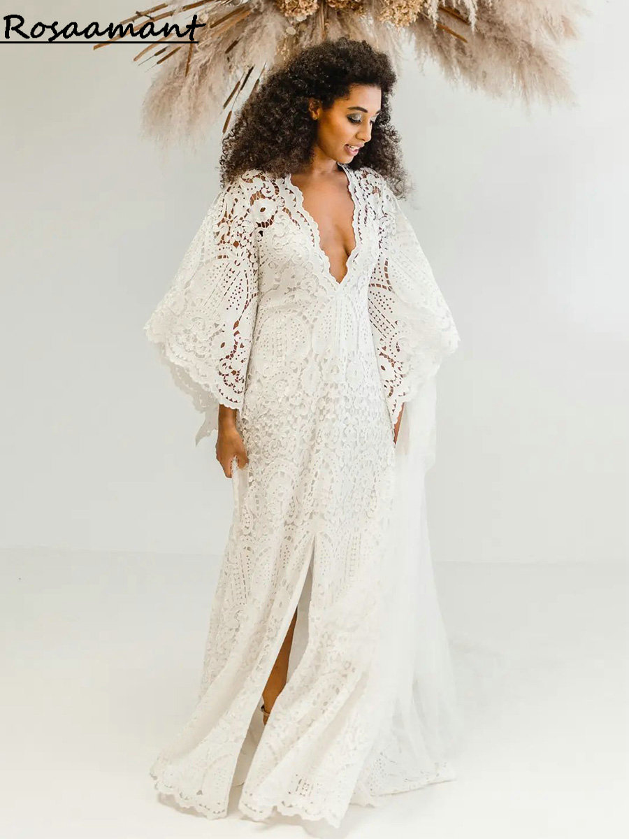 Bohemian V-Neck High Split A-Line Wedding Dresses Long Flare Sleeve Appliques Lace Bridal Gowns