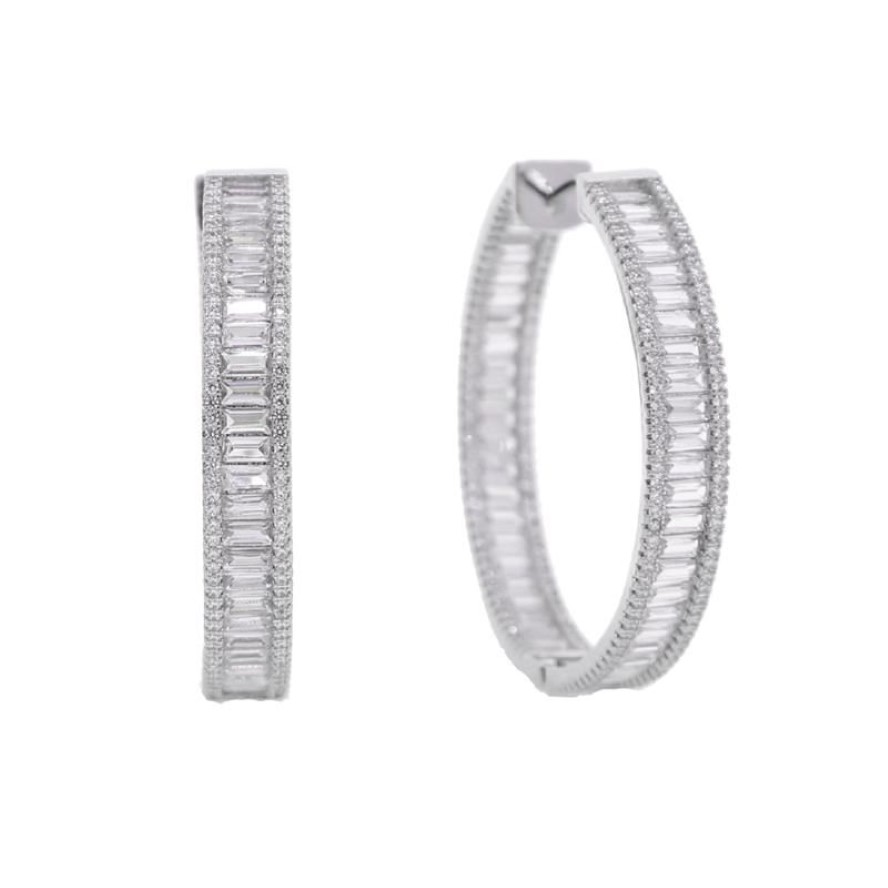 Baguette Princess Cut Square Shaped Cubic Zirconia CZ Earring Iced Out Bling Classic 45mm Big Circle Hoop Women Jewlery Huggie279k