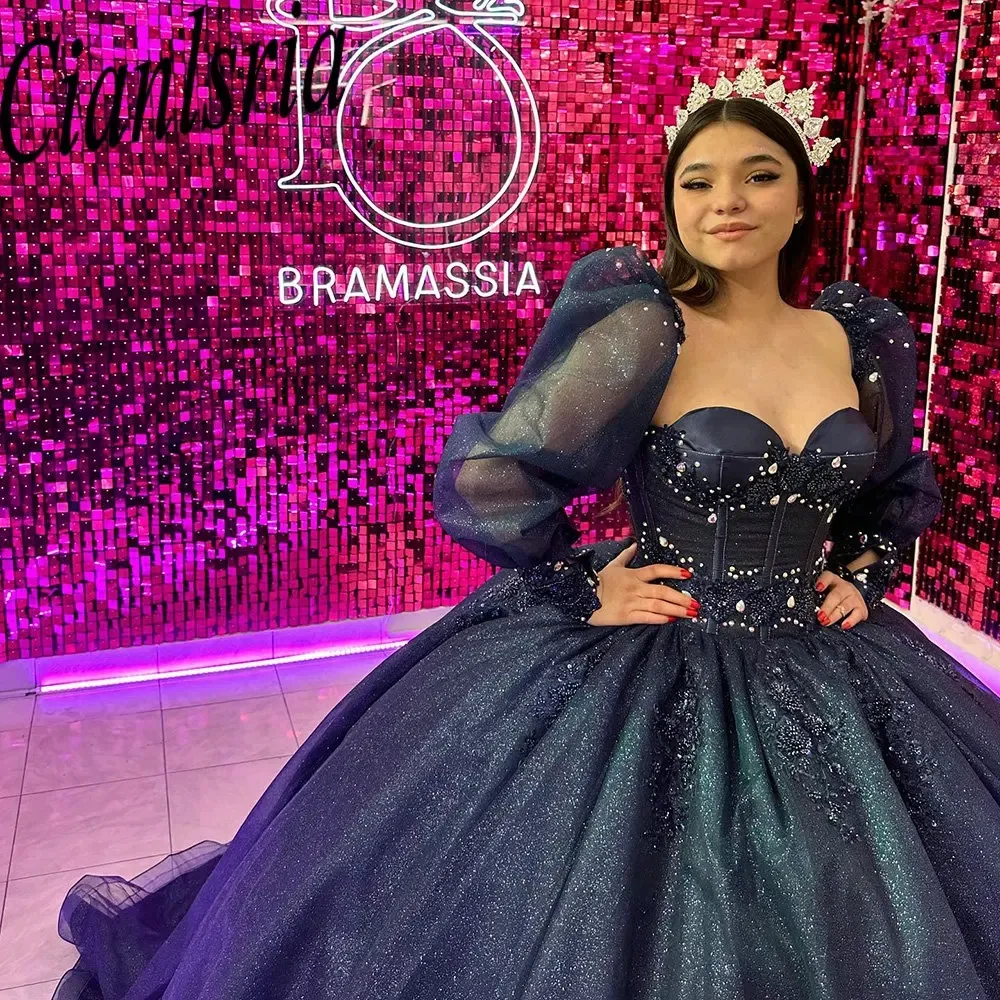 Navy Blue Long Sleeve Glitter Crystal Quinceanera Dresses Abito da ballo Sweetheart Appliques Princess dolce 15 compleanno