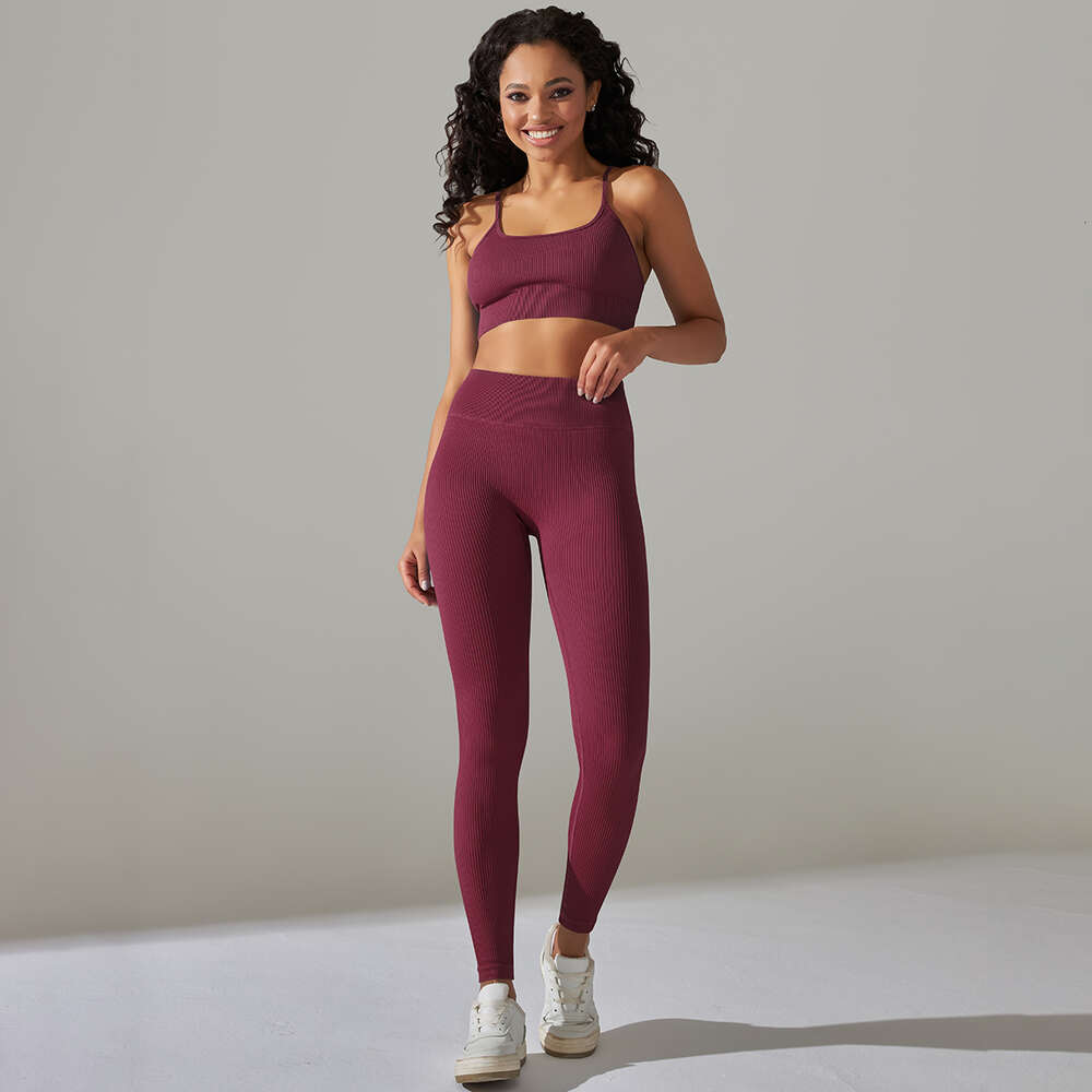 Justera sportkläder Lu Kvinnors sömlösa ribbade tvådelar Yoga Set High midje Gym Leggings Crop Top Fiess Sports Surt Wash Activewear Lem