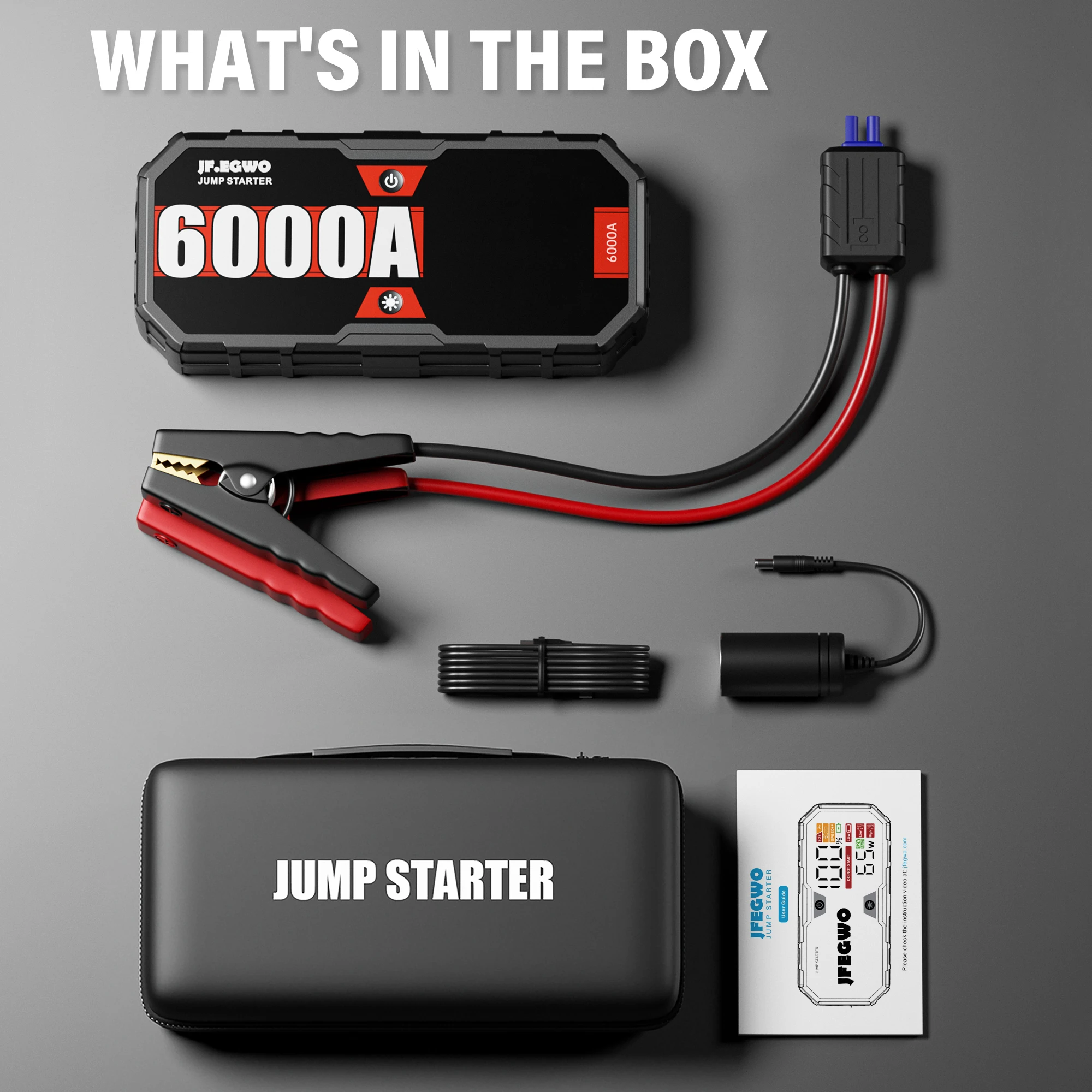 JFEGWO CAR 6000A Portable Jump Starter с мощным банком быстрого заряда PD65W 12V Auto Batterage Booster Booster Booster