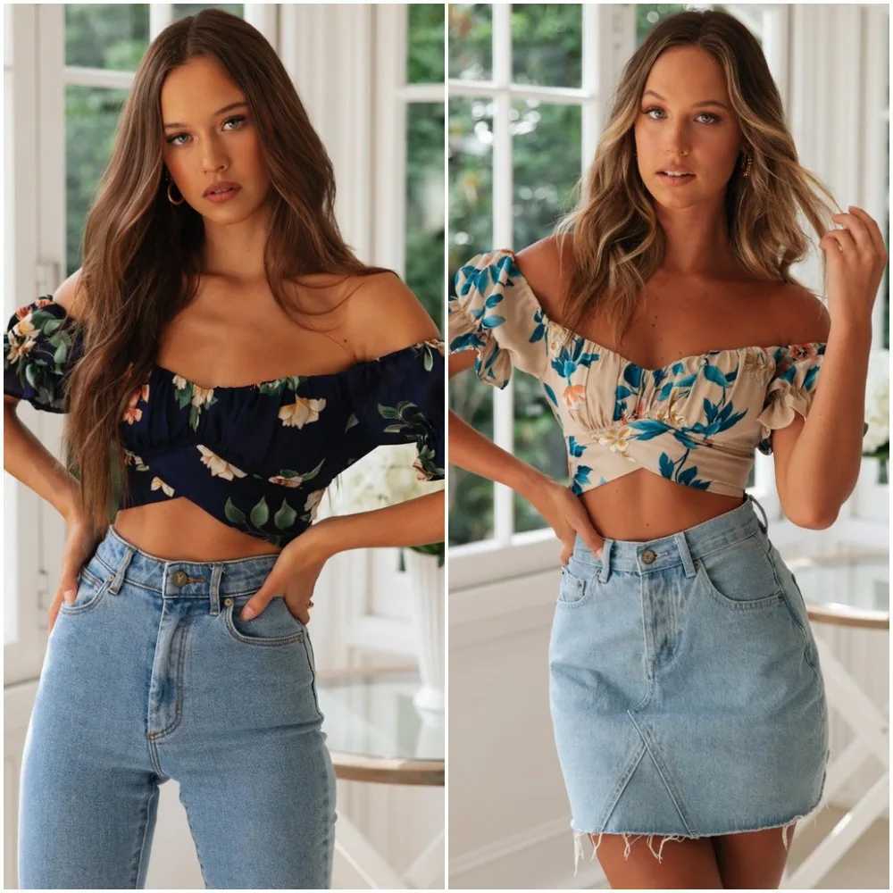 Women's Tanks Camis Sexy Off Shoulder V Neck Floral Print Tank Top Women Bare Midriff Crop Tops Casual Cropped Vest Camisole Tube Top Female Y240420