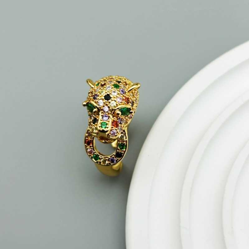 Designer Fashion Medieval Vintage Copper Plated True Gold Wax Set Colorful Zirconium Carter Cheetah Opening Adjustable Ring