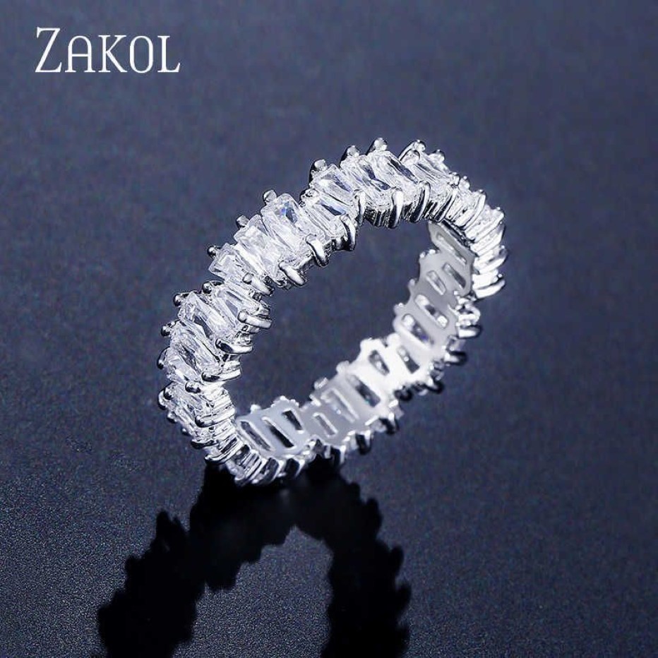 Band Rings Zakol Fashion Luxury Multicolor Charm Baguette Cubic Zirconia Wedding Rings for Women T Shape Stone Party Jewelry FSRP2258D