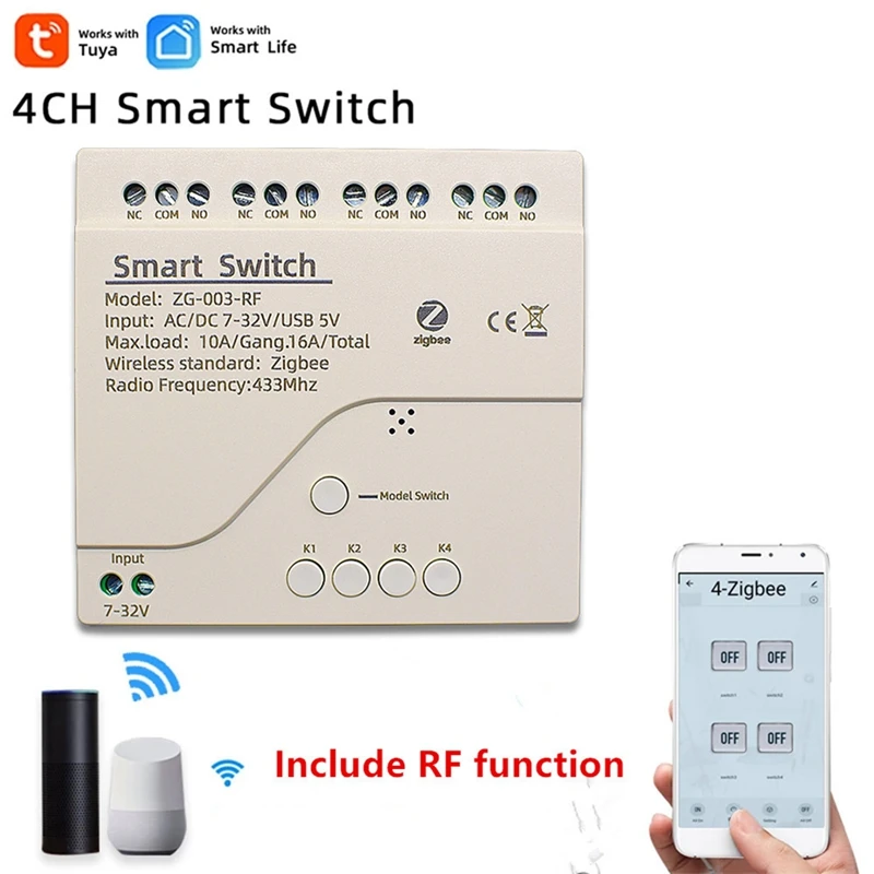 Steuerung 4Ch Zigbee Smart Light Switch Modul DC 5/12/32V RF433 Empfangen Sie 10A -Staffeln. Arbeiten Sie mit Alexa Assistant Tuya Smart Life.