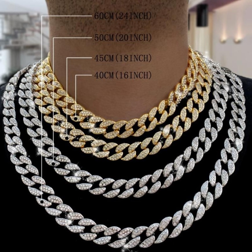 Chaines Iced Out Cuban Link Chain Paveed Hingestone Miami Gold Silver Color Zircon Bling Collier For Men Hiphop Jewelry262K