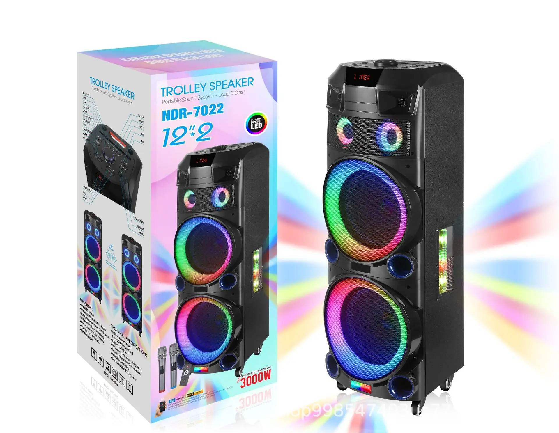 Enceintes 200W Super Power Dual 12 pouces audio avant et arrière Universal Wheel Tull Tull Bluetooth Audio Subwoofer Colorful Cool LED LIGH