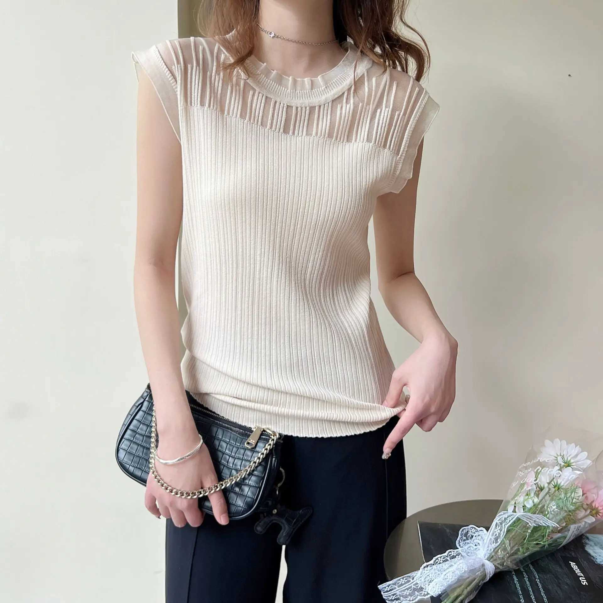 Women's Tanks Camis Ice Silk Short Slve Women T-Shirt Organza Small Fly Slve Lace Short Slve Bottom Shirt Women Tops Y240420