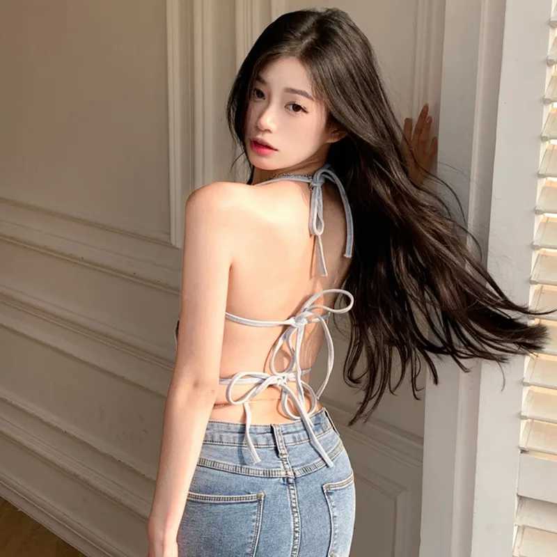 Women's Tanks Camis Summer Womens Vest Short Inner Wear Outer Wear Design Butterfly Backless Denim Tops Y240420