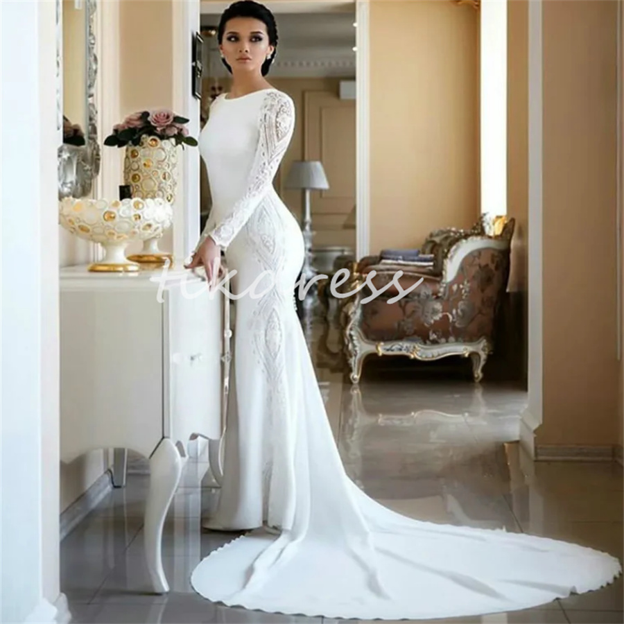 Elegant sjöjungfrun satin bröllopsklänningar 2024 långärmad applikationer spetsar civil civil civil boho brudklänningar chic strand brud klänning vestidos de novia robe de mariee boda