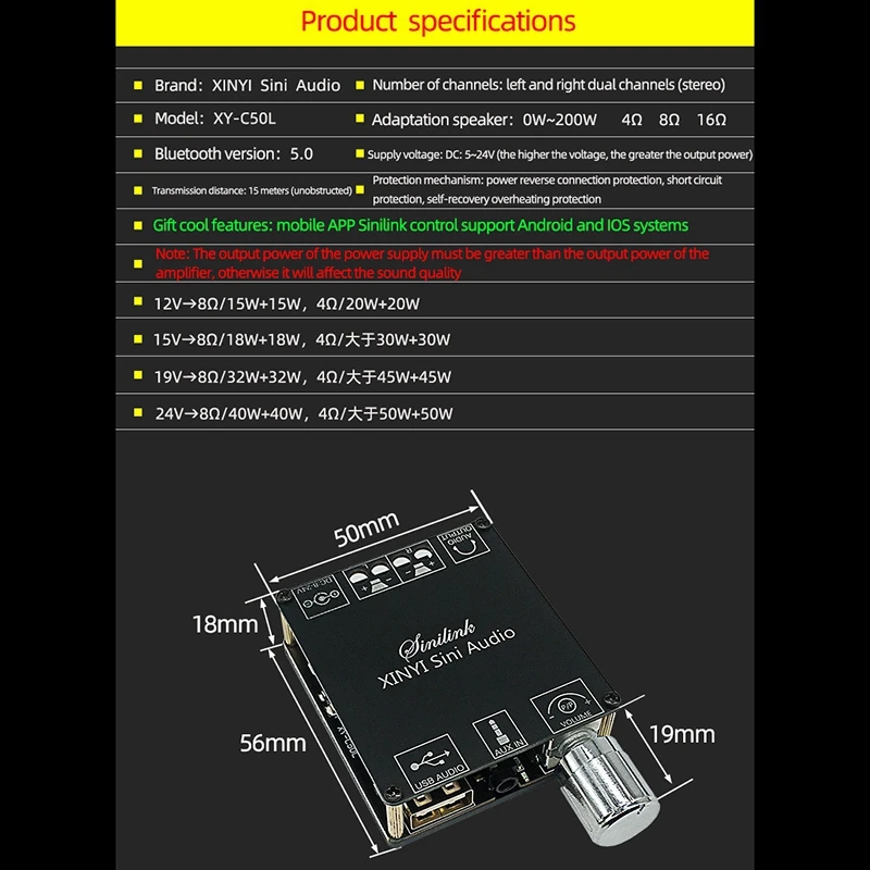 Усилитель 5x Xyc50L Mini Bluetooth 5.0 беспроводной аудиоси цифровой усилитель Power Stereo Board 50WX2 Bluetooth Amplificador 3,5 мм USB