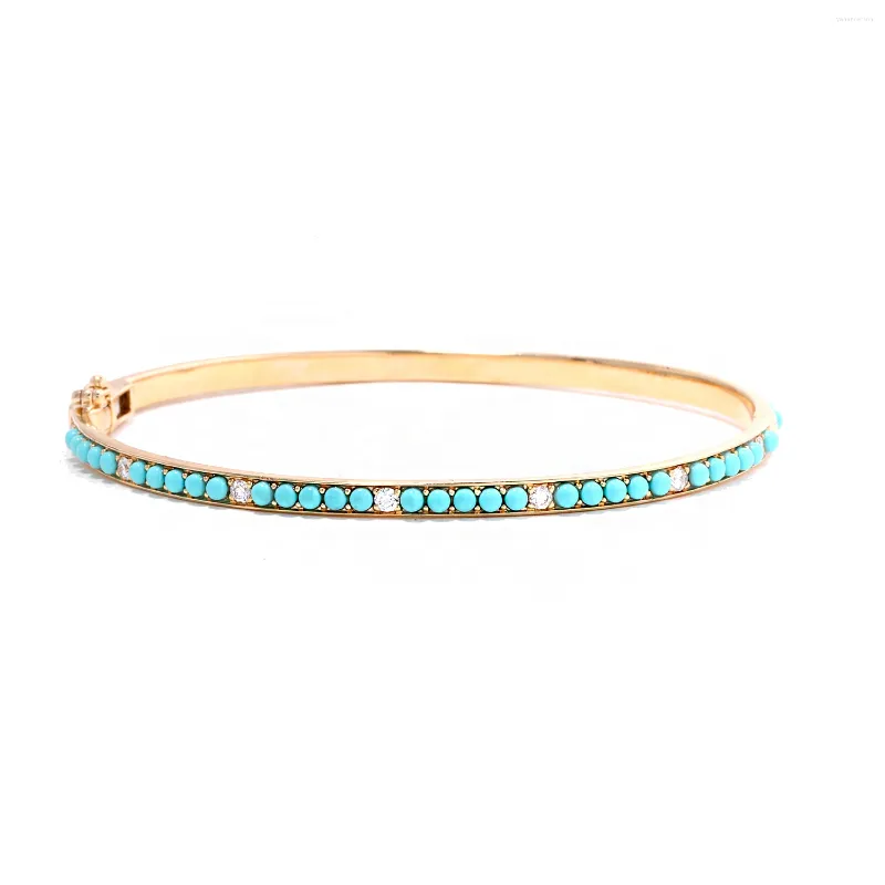 Bangle Inner 60mm 7 5 Turquoises Blue Stone Paved Tiny Band Bracelet For Women Gold Color Pave White CZ Fashion Jewelry290E