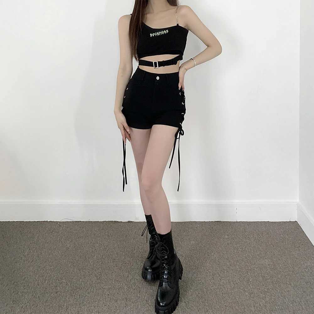 Women's Shorts Black Goth Shorts Women Sexy Bandage Lace Up High Waist Y2k Strtwear Shorts Casual Tight Hot Pants Y240420