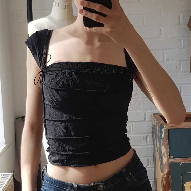 Kvinnors tankar Camis WhereMery Y2K Söt båge snör upp Crop Top Estetic Texture Square-Neck Slveless T Shirt 2023 Summer Women Strtwear Slim TS Y240420