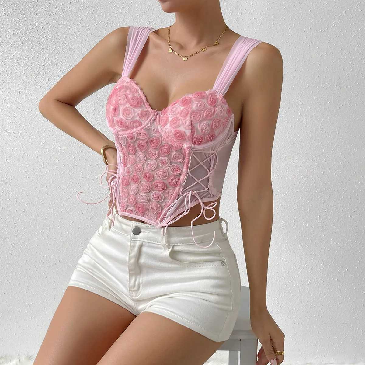 Damestanks Camis Vemina Strt Style Halter V Hals Crop Top Lace 3d Rose Flowers Corset Fashion Woman Backless Sexy Slim Strappy Vest Y240420