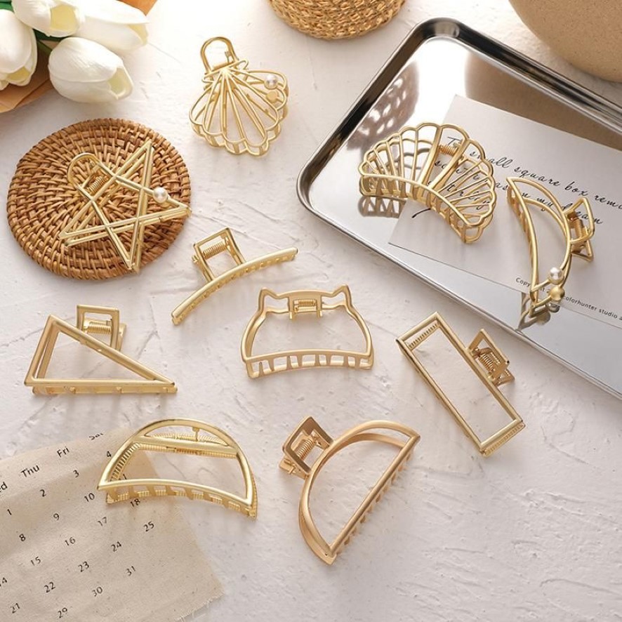 Grampos de garras geométricas de cabelos geométricos de metal de ouro vintage para mulheres star shell hollow carangue