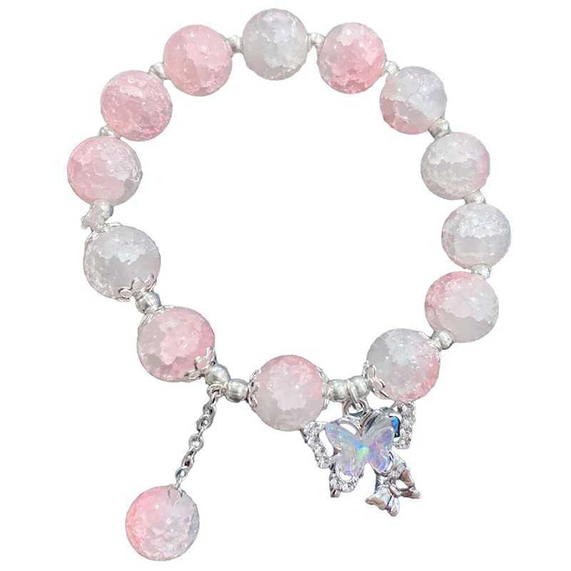 Chain Fashion Crystal Butterfly Pendant Elastic Bracelet Pink Glass Beads Bracelet For Women Girls Sweet Exquisite Jewelry Gifts Y240420