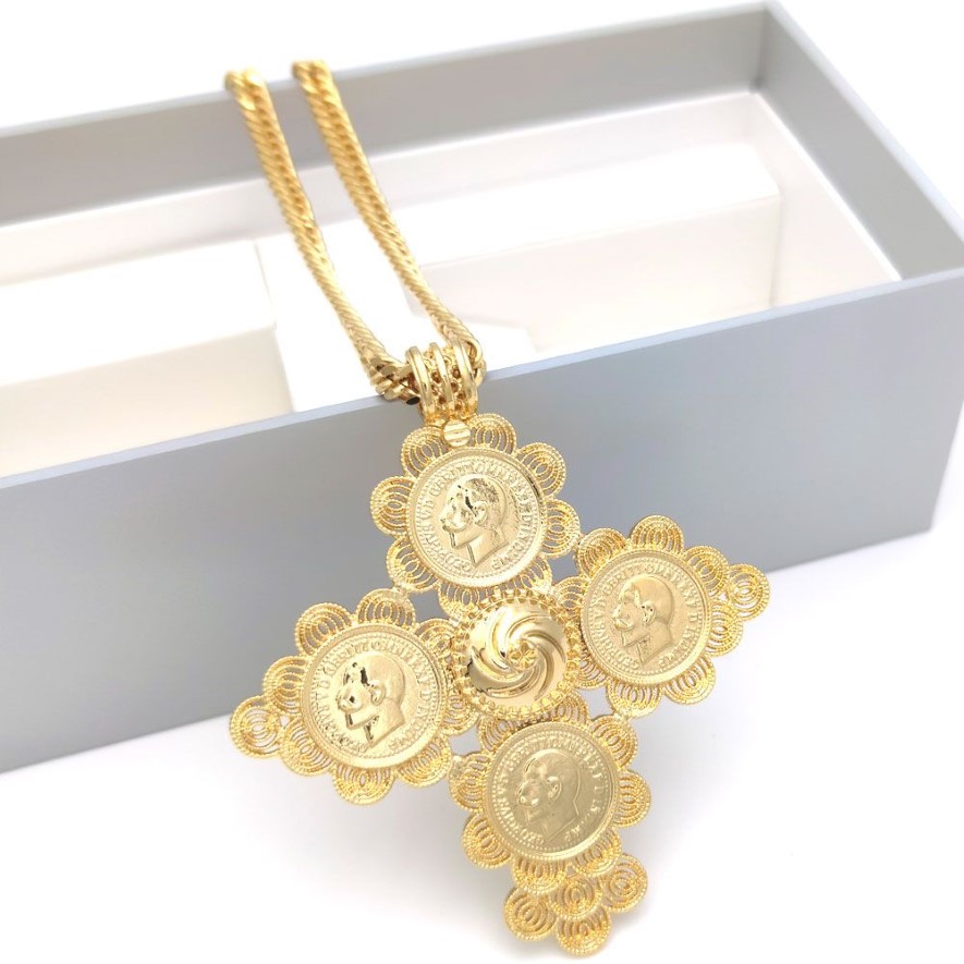 Big Coin Cross Pendant Ethiopian 24K GOLD FILLED RUBY CUBAN DOUBLE CURB CHAIN SOLID HEAVY NECKLACE Jewelry Africa habesha eritrea2289