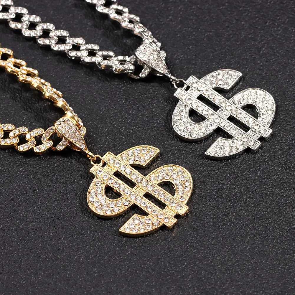 Colliers de pendentif Nouveauté Crystal Dollar Pendant Miami Collier de chaîne de liaison cubaine pour femmes hommes brillants métalliques Cuban Choker Hiphop Party Jewely Y240420