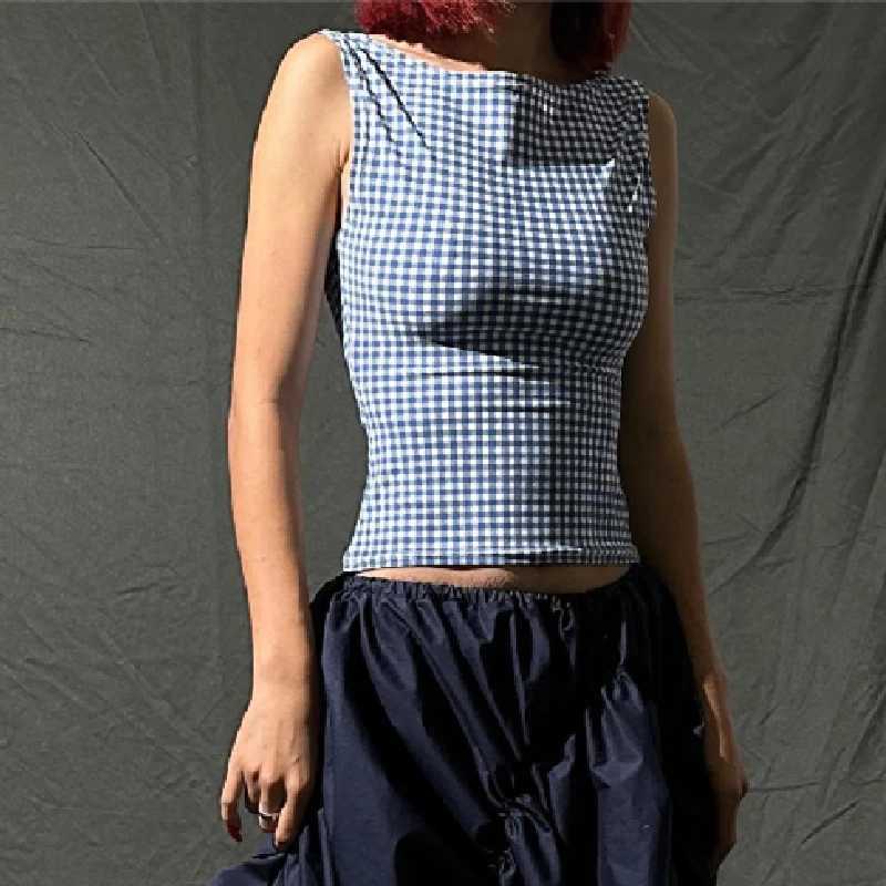 Damestanks Camis Xmilo Koreaanse mode BACK BACKLOSS TRANK TOP 2023 Casual Strtwear Plaid Print Slveless Crop Tops Zomer slanke mode korsetten Y240420