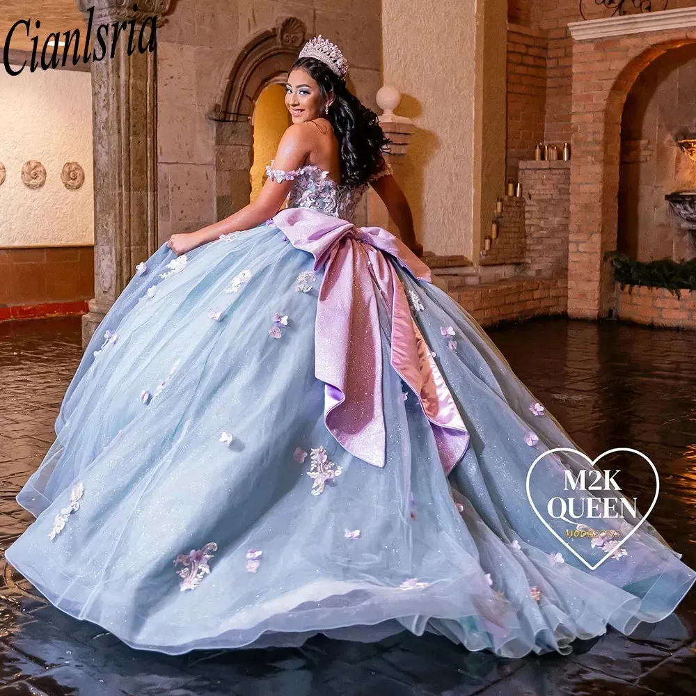 Abito da palla a bordo 3d blu azzurro abito da quinceanera dal corsetto in pizzo di appliques spalle Vestidos de xv anos