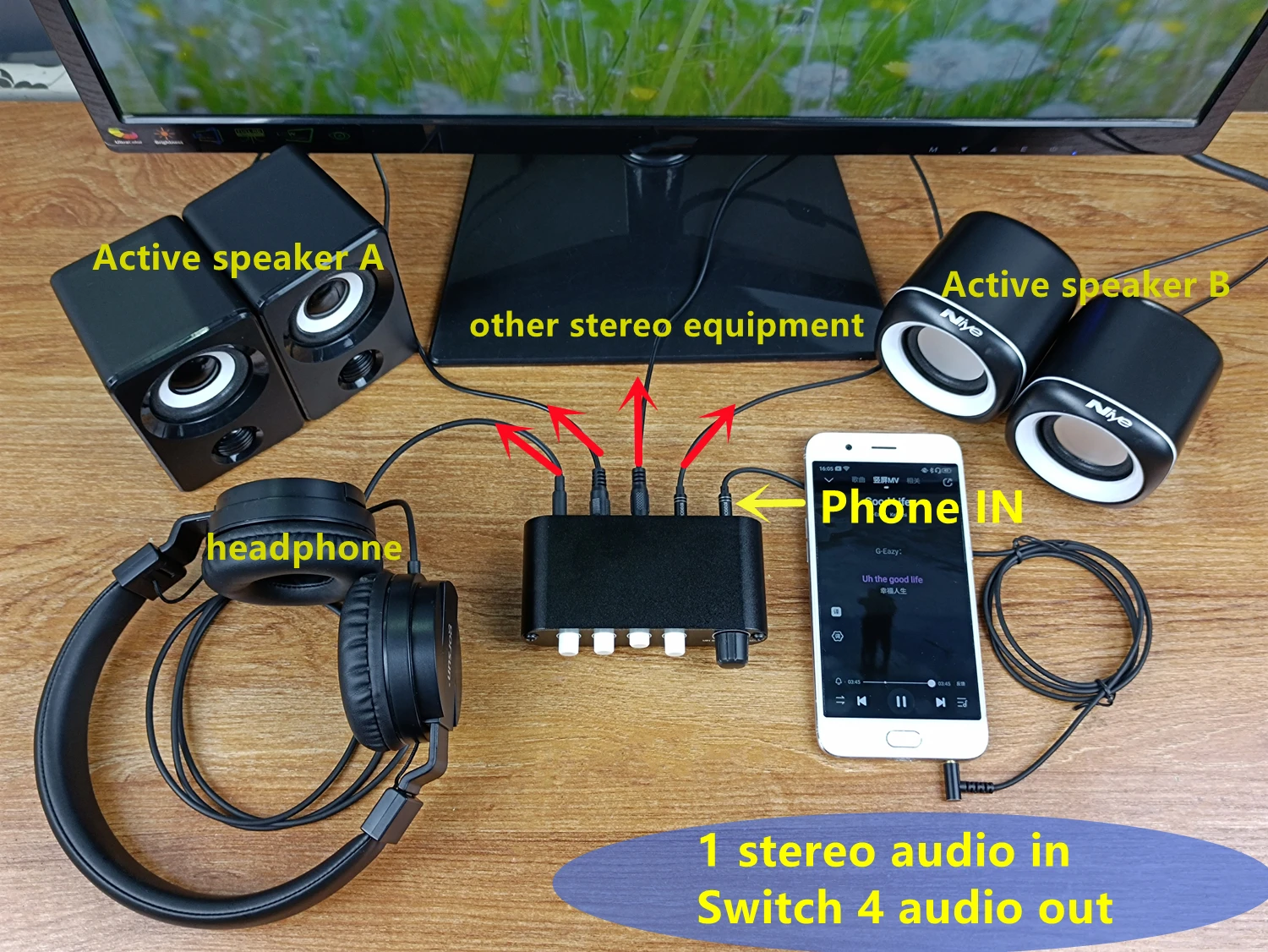 Förstärkare MC41 4way 3,5 mm Stereo Audio Switch Ingångssignalkälla Switcher Slitter Box med linjevolymkontroll 4 i 1 ut