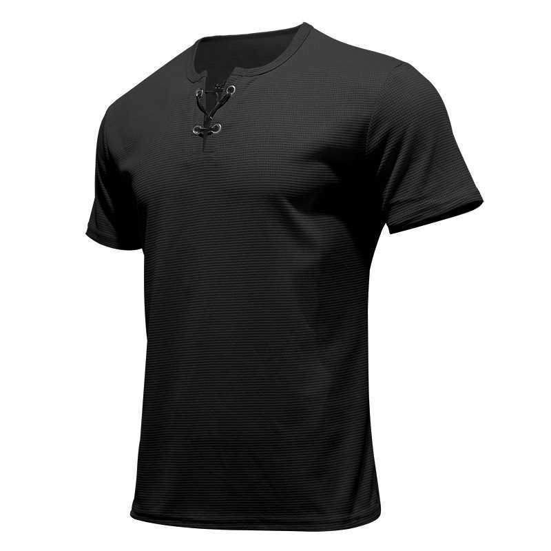 Summer sports leisure fashion slim fit breathable mens short sleeved T-shirt mens tied Henley shirt top