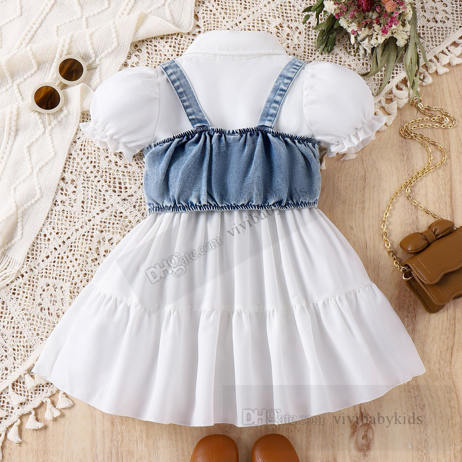 Summer Girls Princess Ropa de princesa Vestido de manga de la solapa de la solapa para niños Cantaje de mezclilla con cuentas Wistcot Niños Niños Z7797