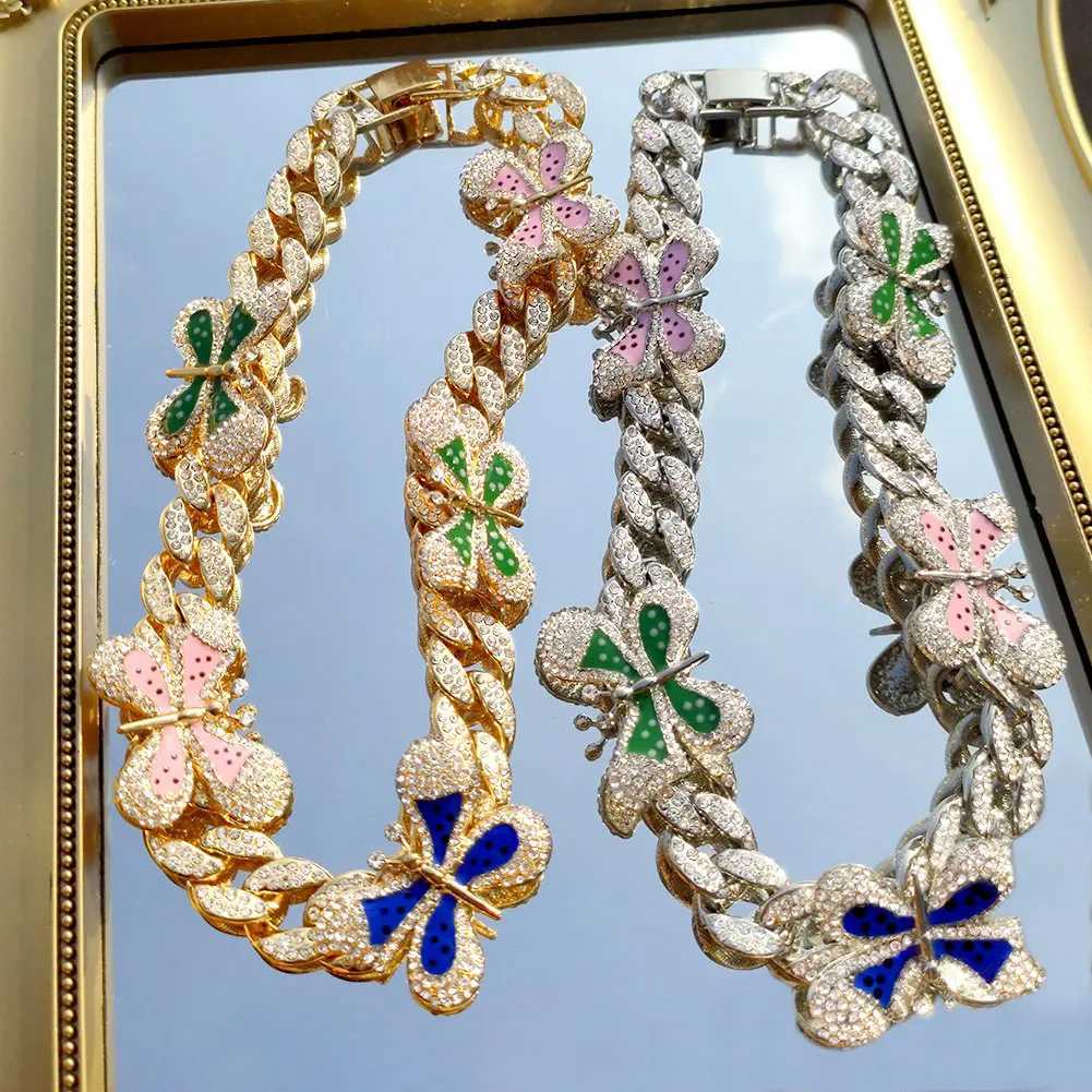 Pendant Necklaces Iced Out Full Rhinestone Enamel Butterfly  Cuban Link Necklace For Women Hiphop Bling Chunky Thick Cuban Choker Punk Jewely Y240420