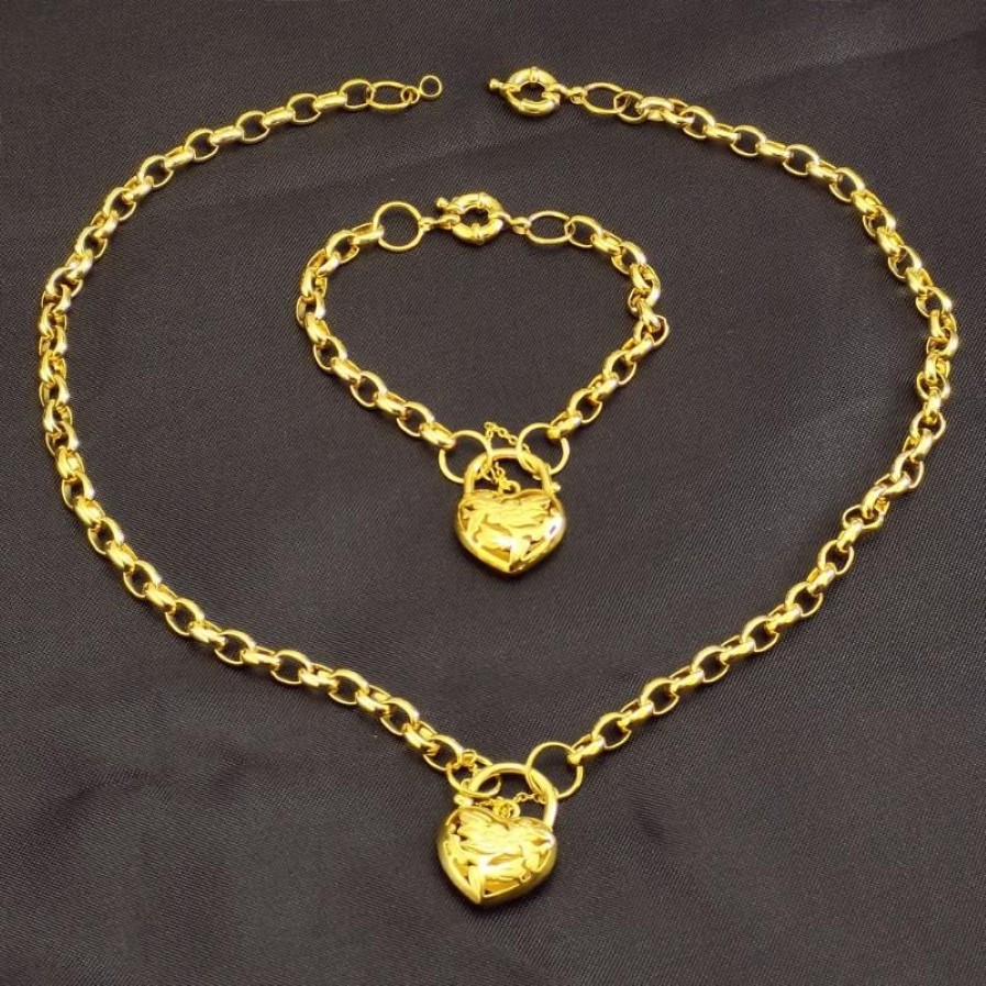 Yellow Gold Vacuum Plating Heart Belcher Padlock Pendant Necklace & Bracelet For Women Necklaces2915