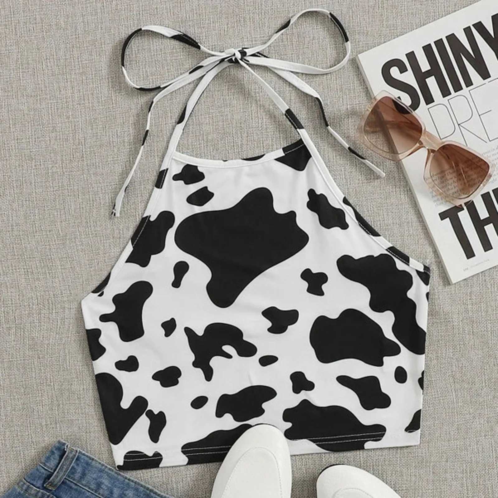 Kvinnors tankar Camis Womens Summer Top Milk Cow Print Black and White Cute Crop Top Camis Kawaii Strapless Collar Top Cami Strewear Y2K Egirls Y240420